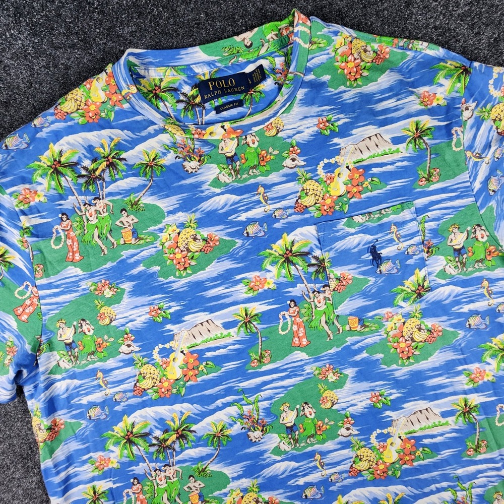 Polo Ralph Lauren Blue Hawaiian Hula Girl Island Print T-Shirt Mens L Classic